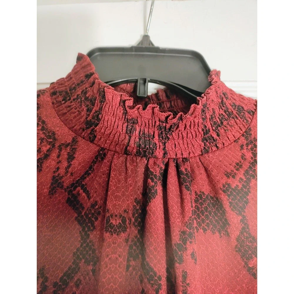 Banana Republic Small Red Black Snake Print Smocked Mock Neck Blouse Puff Sleeve